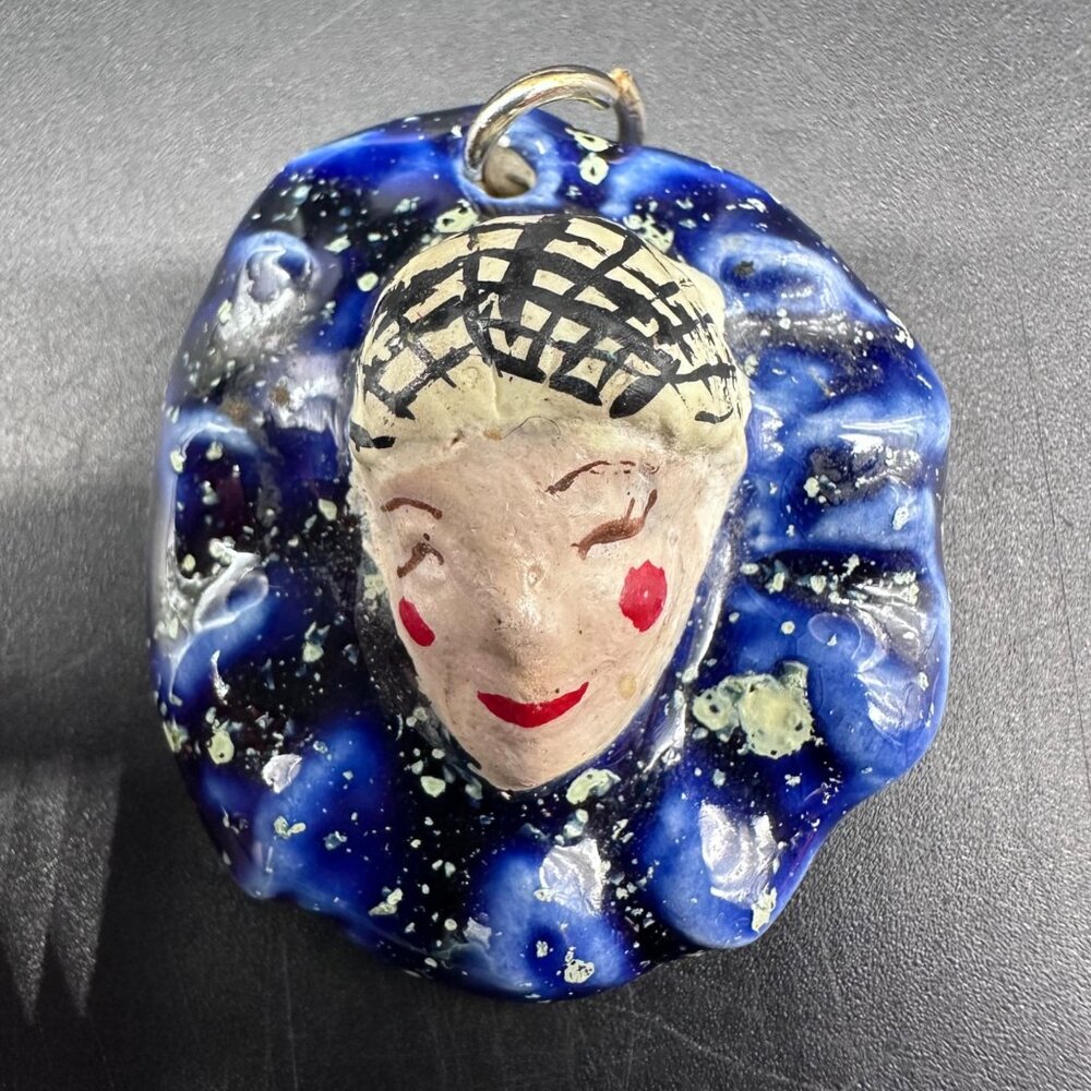 Vintage Harlequin Clown Pendant Bold Blue Cosmic Ceramic Charm Quirky Handmade - Picture 5 of 7
